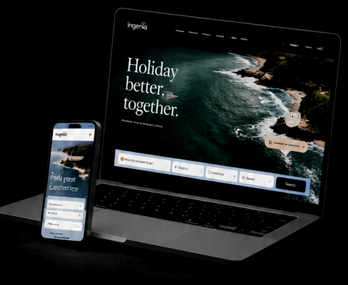 A travel booking site shown on a laptop and a phone.